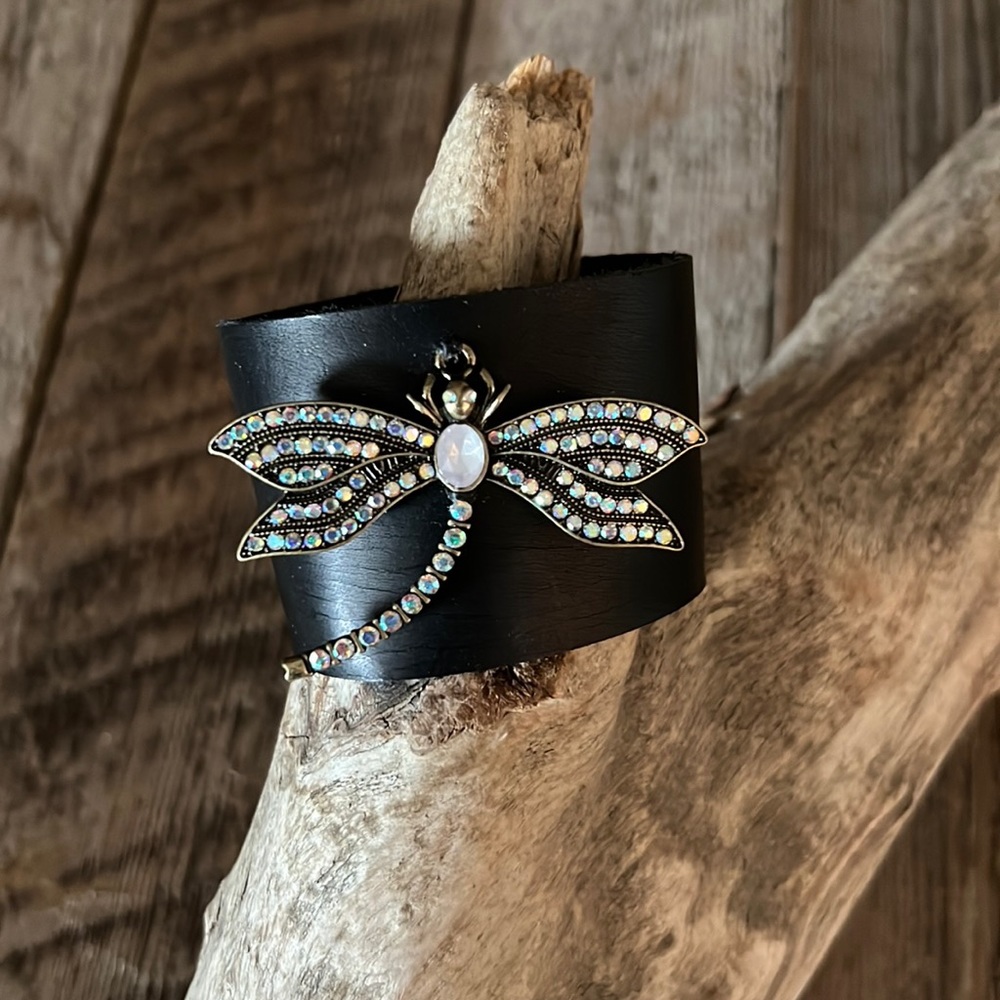 Handmade Black Leather Bracelet with Dragonfly